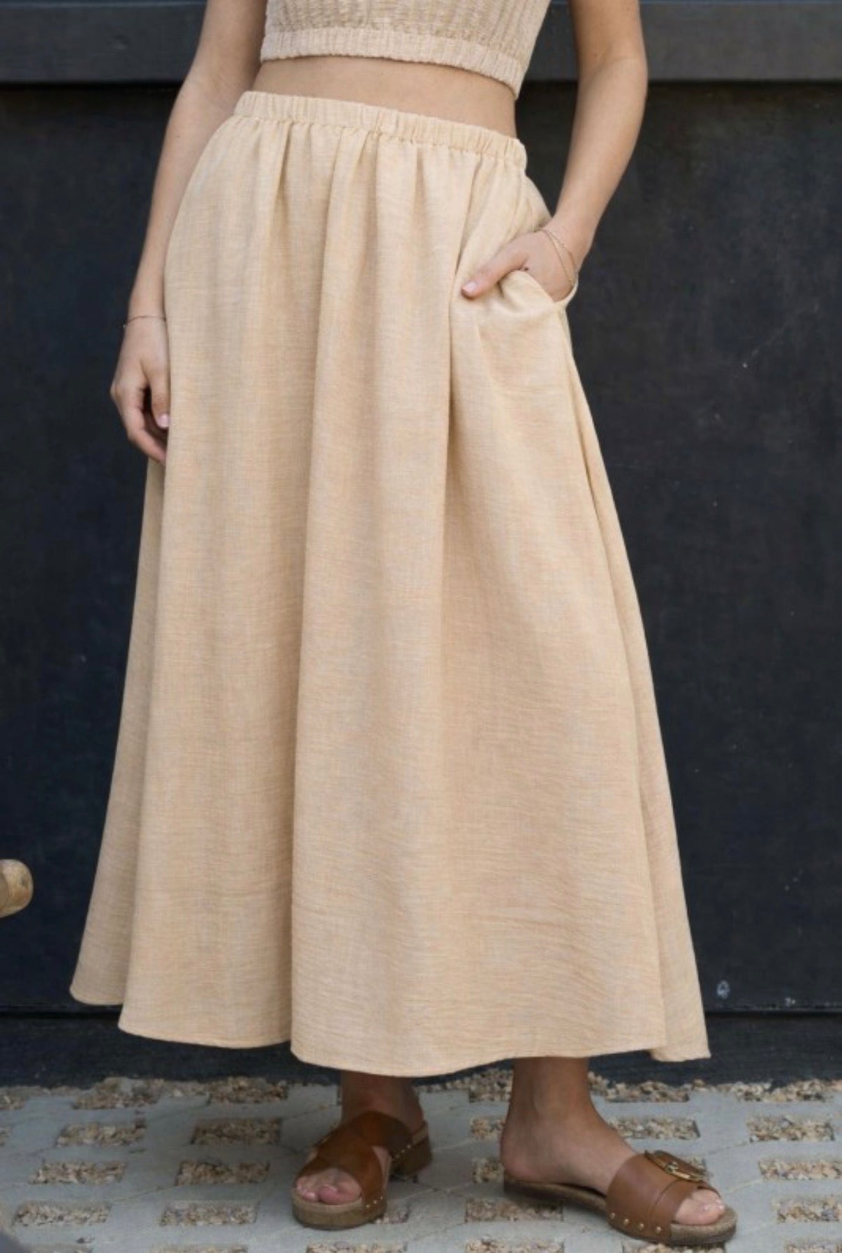 Taupe Elastic Waist Midi Skirt