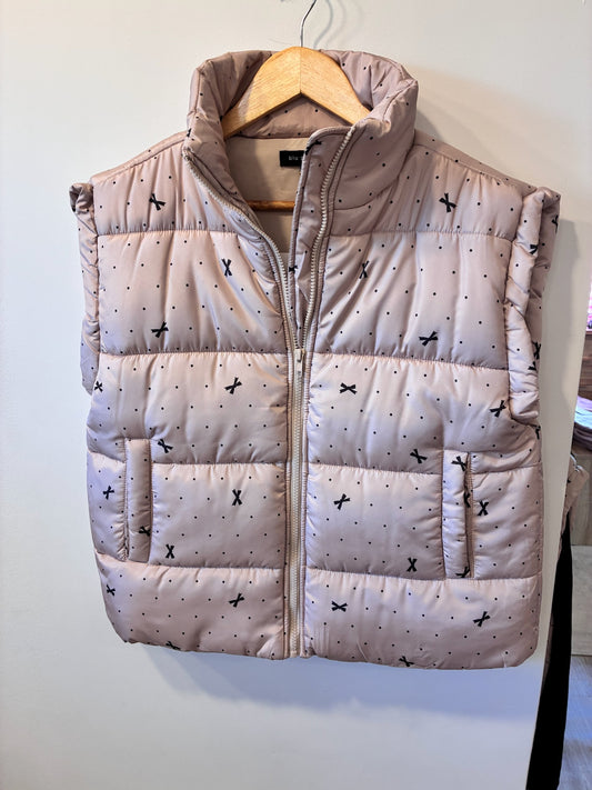 Blush Bow Puffer Vest (Taupe/Black Print)