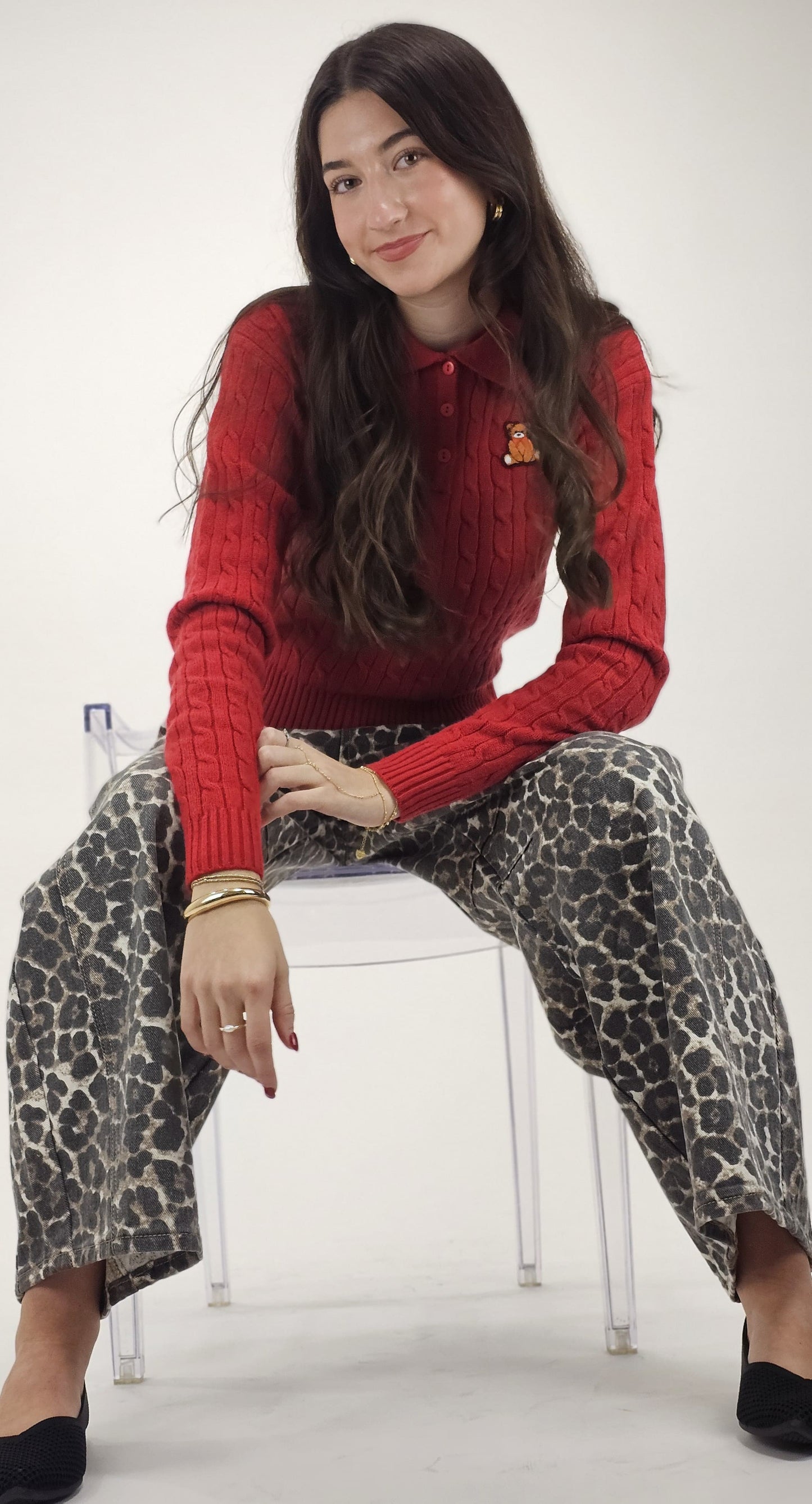 Cozy Cable Knit Polo Sweater (Red)