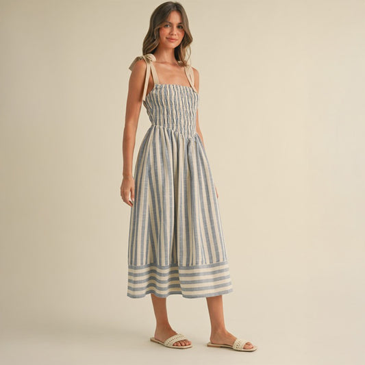 Natural Stripe Smocked Midi Dress