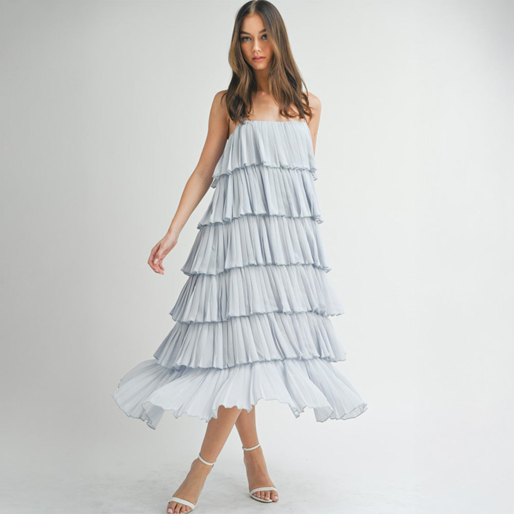 Rhinestone Strap Pleated Tier Dress